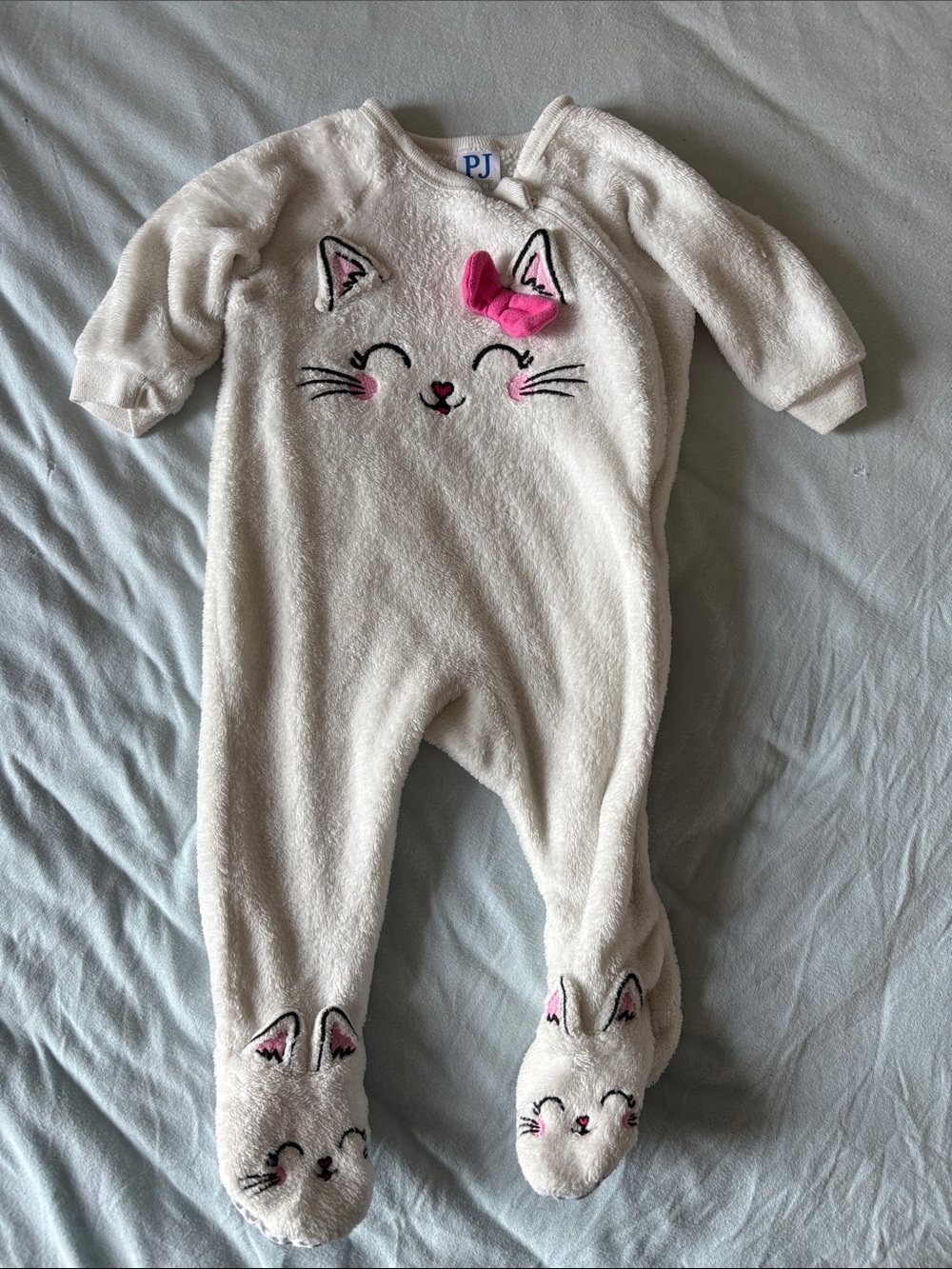 White Plush Cat with Pink Bow Footed Pajamas